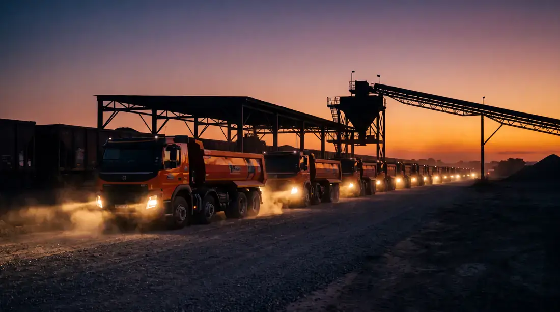 Mwalimu interlink side-tipper trucks on a haul road